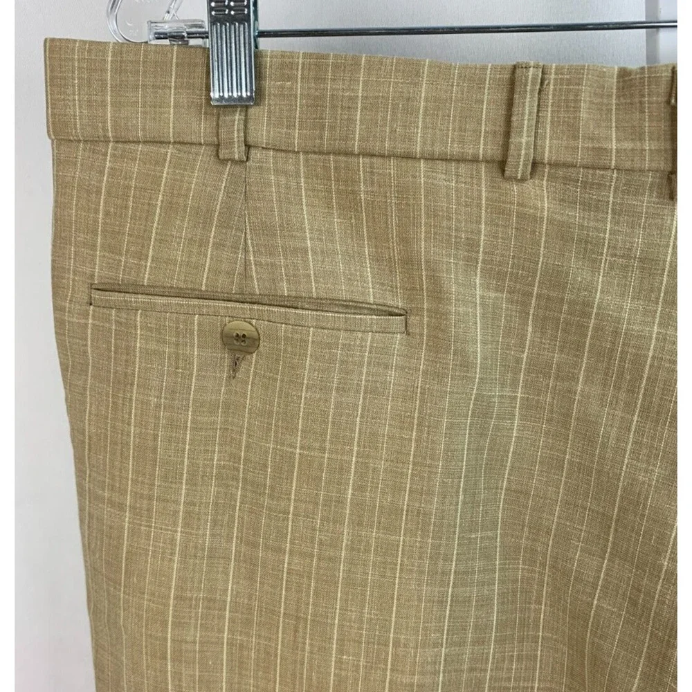 Maus & Hoffman 42 x 27 Tan Cream Pinstripe Pants Pleated Trousers LINEN MENS